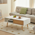 Modern Rattan Coffee Table with Sliding Storage Doors – White