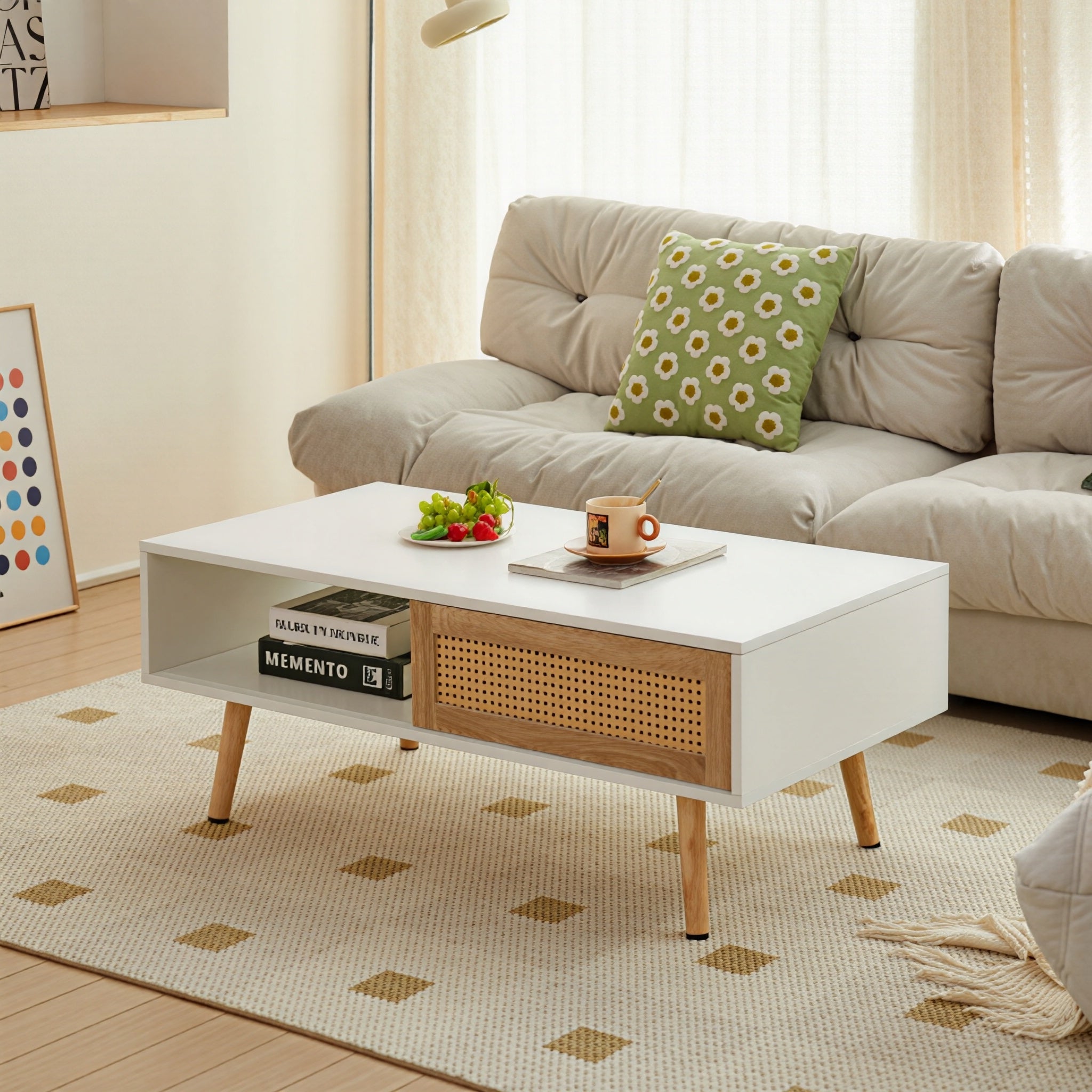 Modern Rattan Coffee Table with Sliding Storage Doors – White