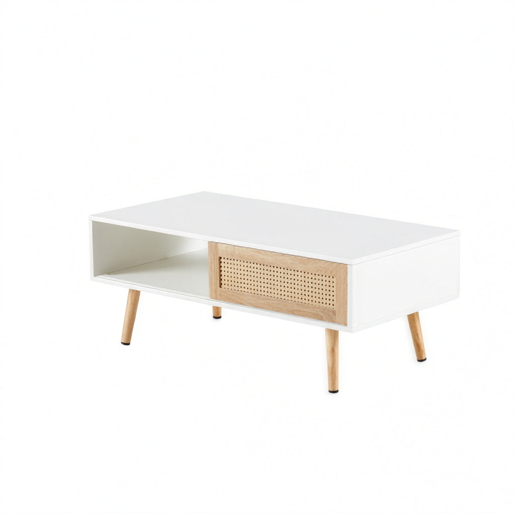 Modern Rattan Coffee Table with Sliding Storage Doors – White