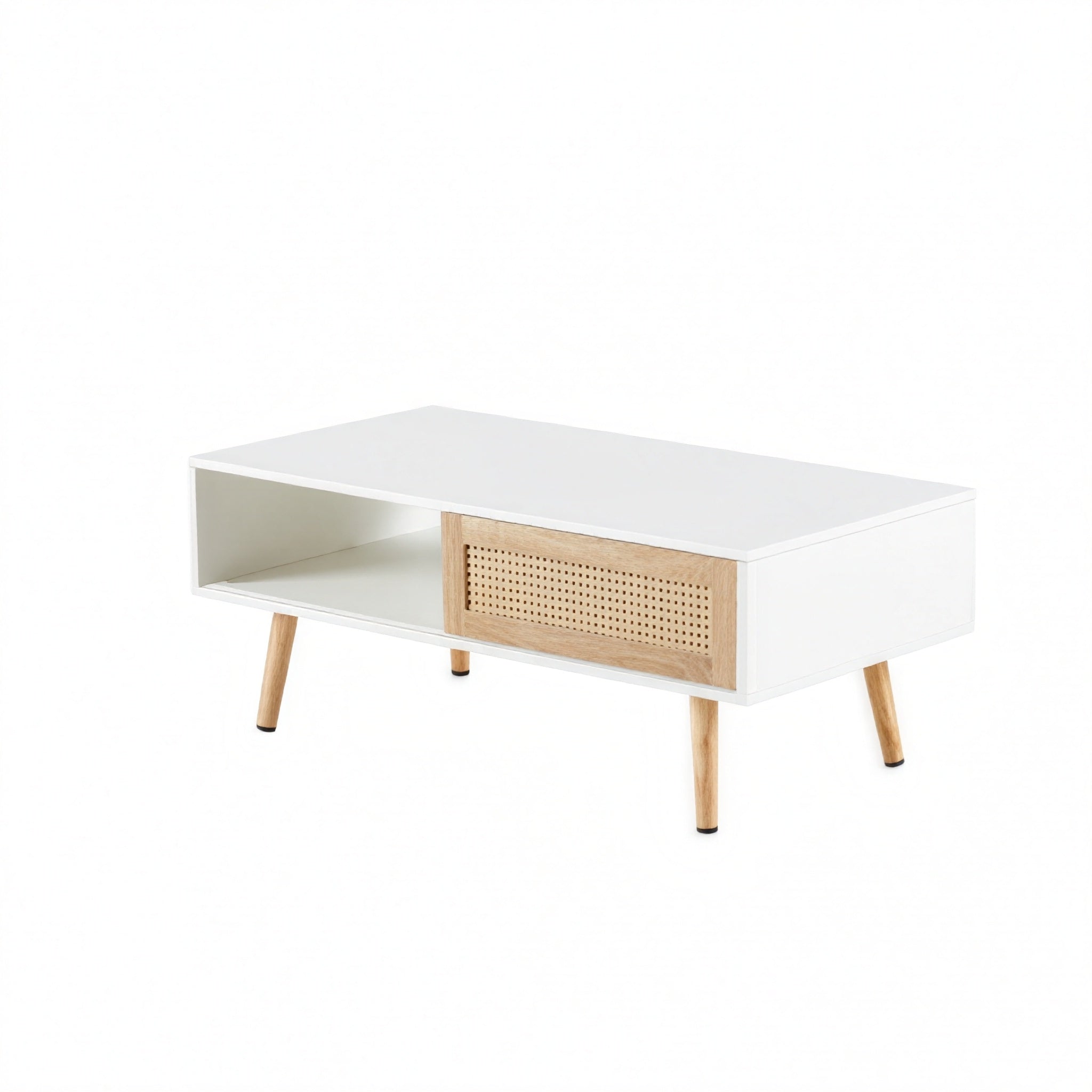 Modern Rattan Coffee Table with Sliding Storage Doors – White