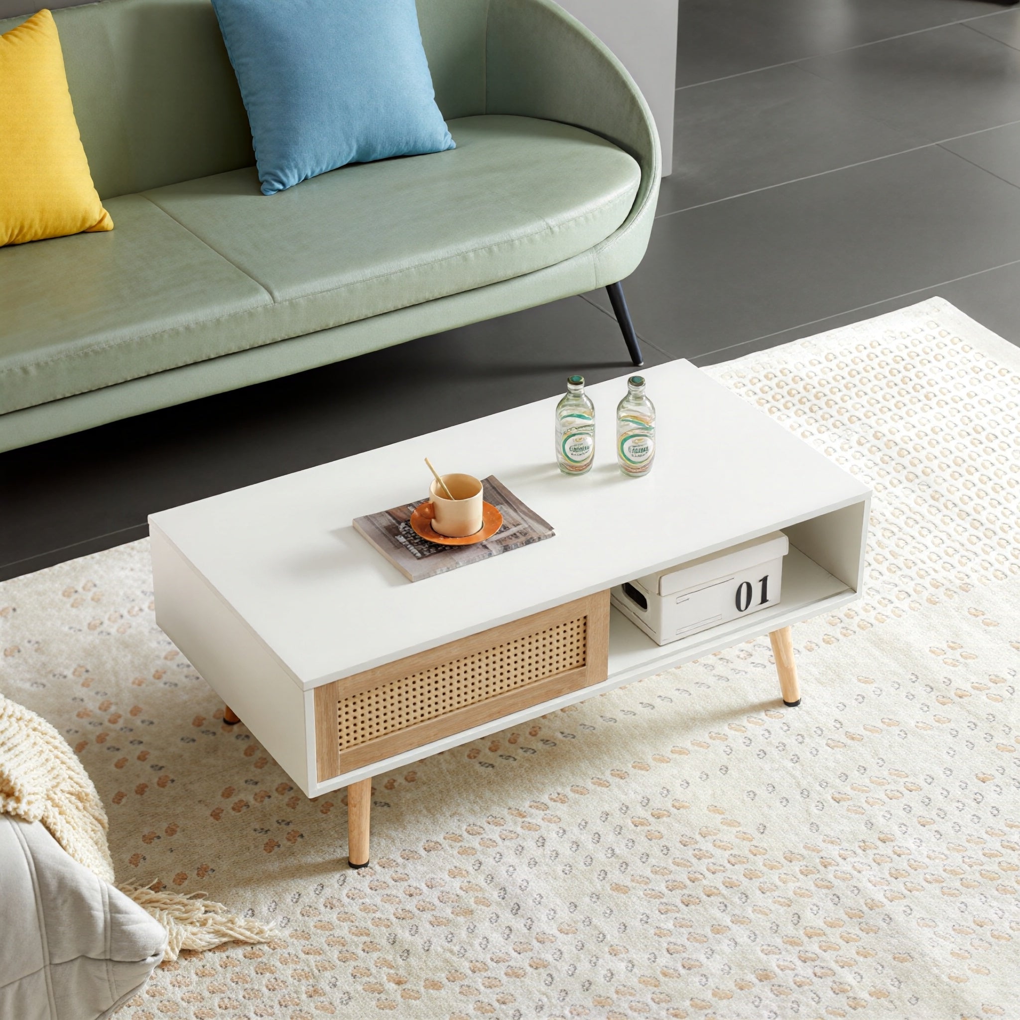 Modern Rattan Coffee Table with Sliding Storage Doors – White