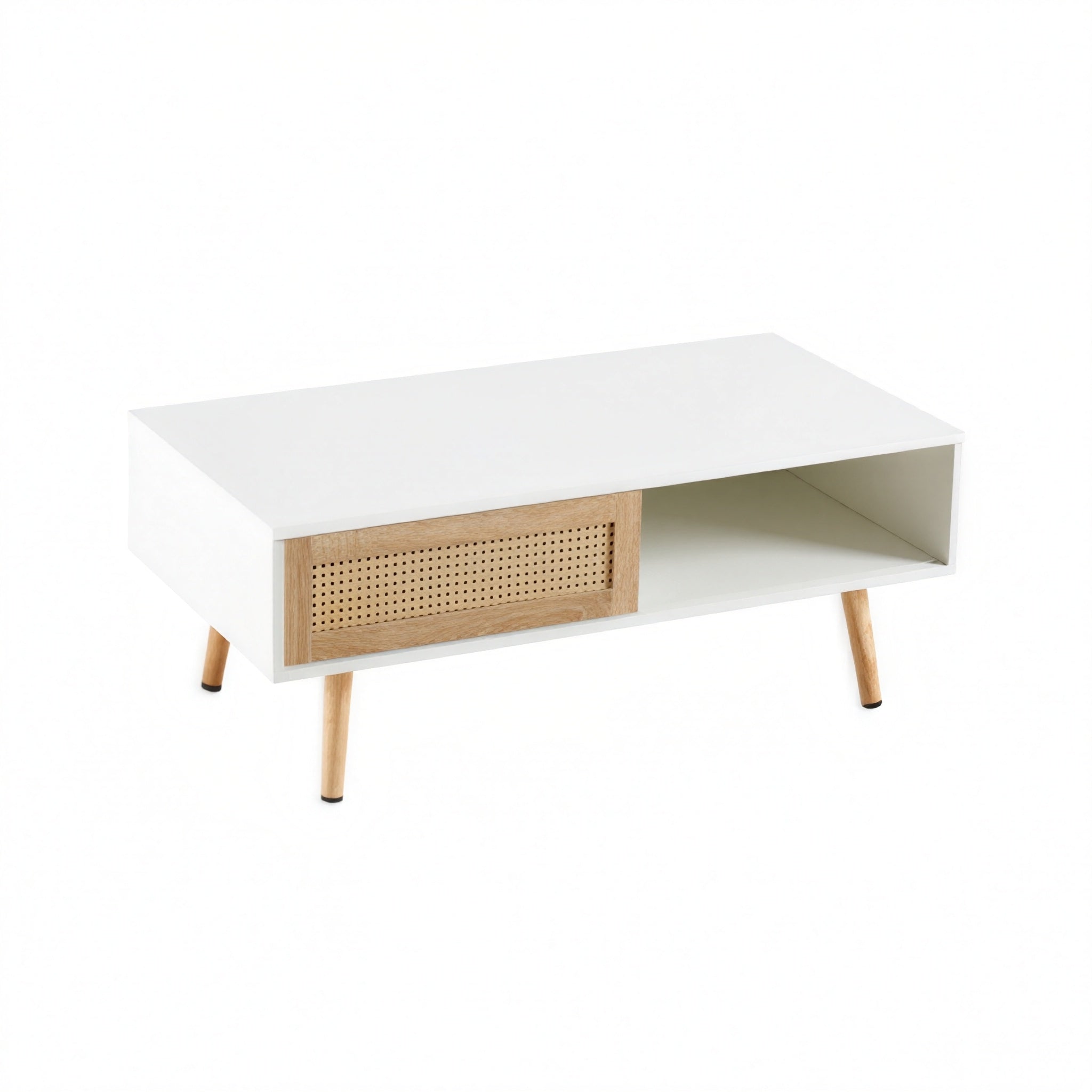 Modern Rattan Coffee Table with Sliding Storage Doors – White