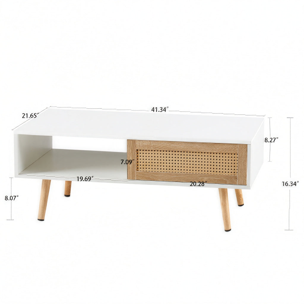 Modern Rattan Coffee Table with Sliding Storage Doors – White