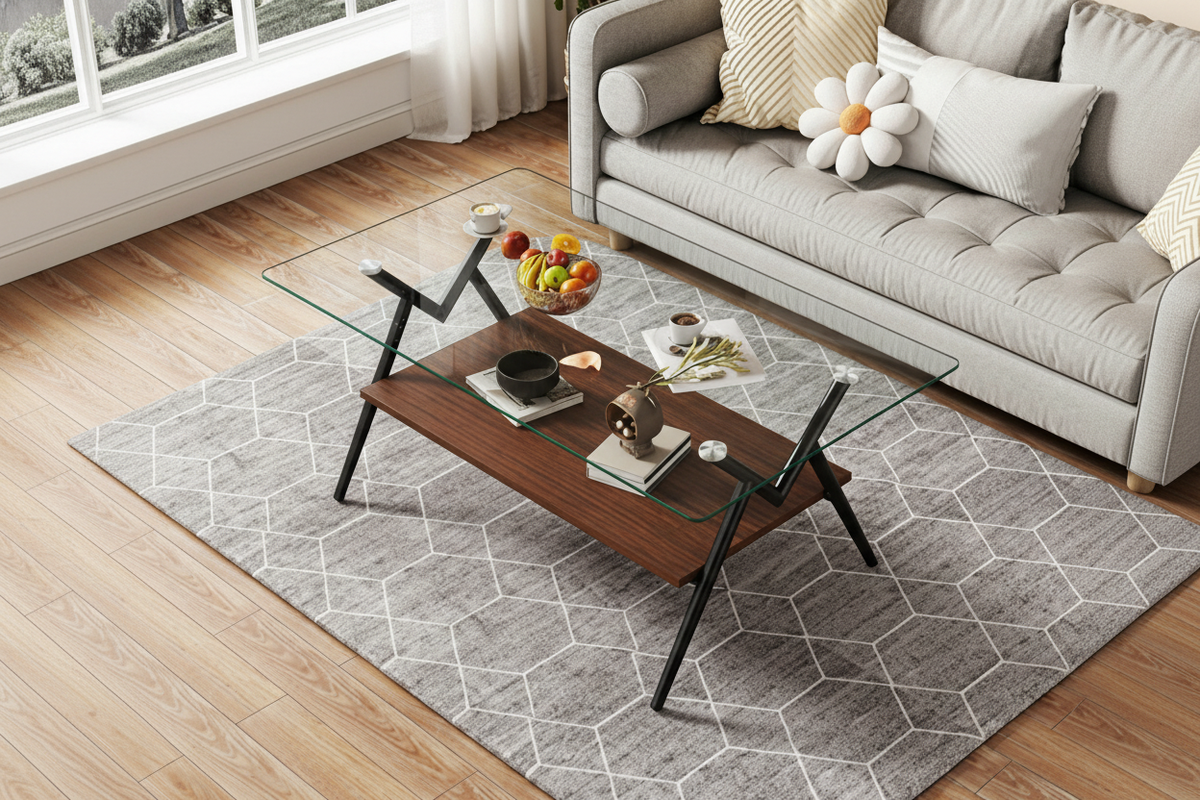 Modern glass coffee table with black metal legs in a bright, minimalist living room with neutral tones.